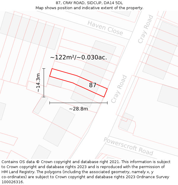 87, CRAY ROAD, SIDCUP, DA14 5DL: Plot and title map