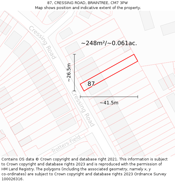 87, CRESSING ROAD, BRAINTREE, CM7 3PW: Plot and title map