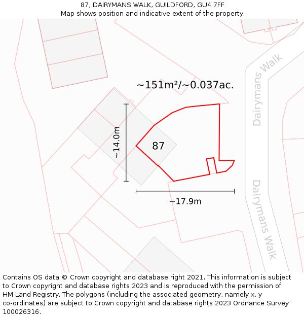 87, DAIRYMANS WALK, GUILDFORD, GU4 7FF: Plot and title map