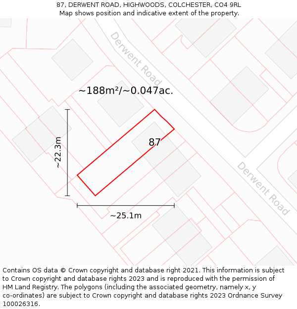 87, DERWENT ROAD, HIGHWOODS, COLCHESTER, CO4 9RL: Plot and title map