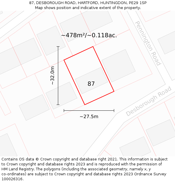 87, DESBOROUGH ROAD, HARTFORD, HUNTINGDON, PE29 1SP: Plot and title map