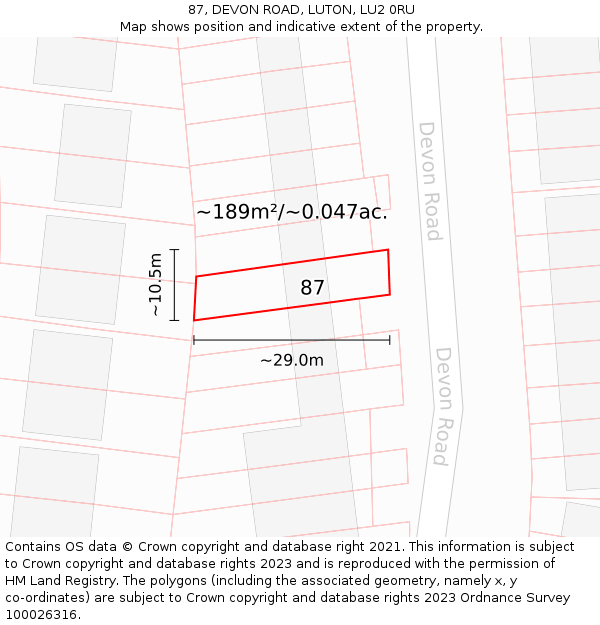 87, DEVON ROAD, LUTON, LU2 0RU: Plot and title map