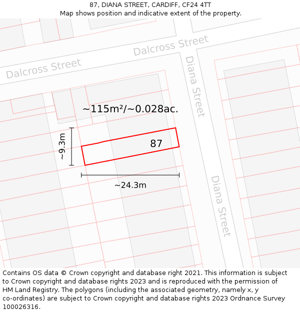 87, DIANA STREET, CARDIFF, CF24 4TT: Plot and title map