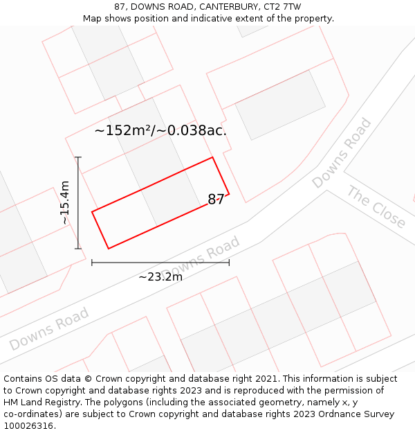 87, DOWNS ROAD, CANTERBURY, CT2 7TW: Plot and title map