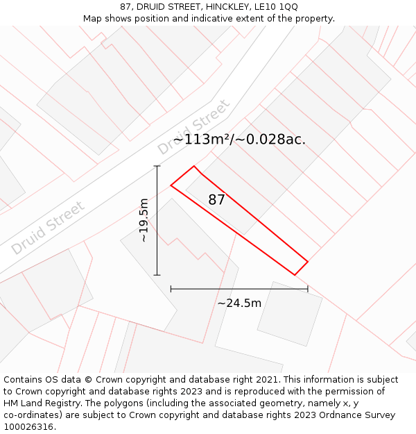 87, DRUID STREET, HINCKLEY, LE10 1QQ: Plot and title map