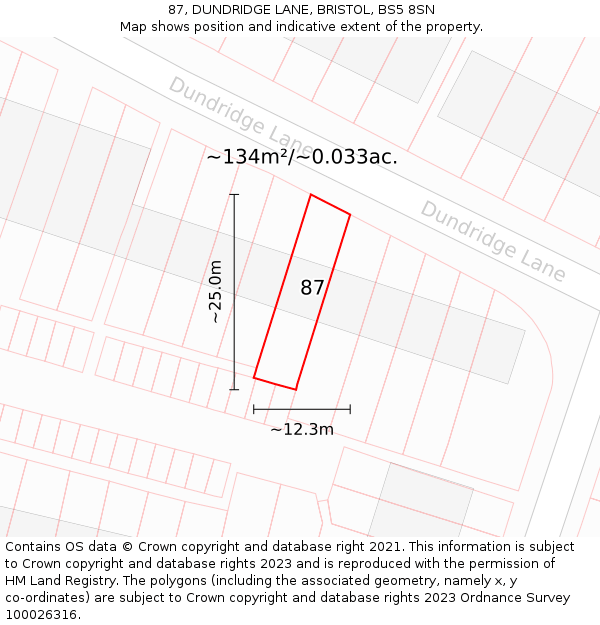 87, DUNDRIDGE LANE, BRISTOL, BS5 8SN: Plot and title map