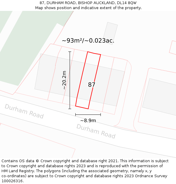 87, DURHAM ROAD, BISHOP AUCKLAND, DL14 8QW: Plot and title map