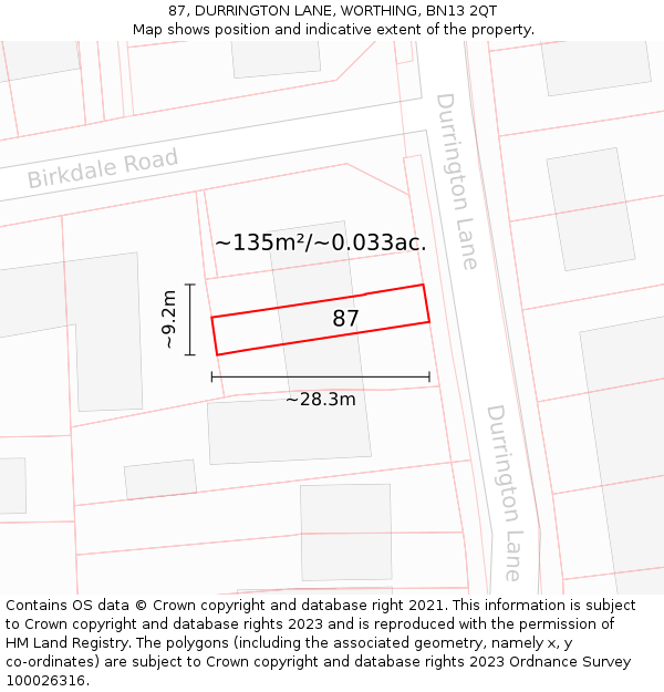 87, DURRINGTON LANE, WORTHING, BN13 2QT: Plot and title map
