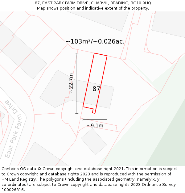 87, EAST PARK FARM DRIVE, CHARVIL, READING, RG10 9UQ: Plot and title map
