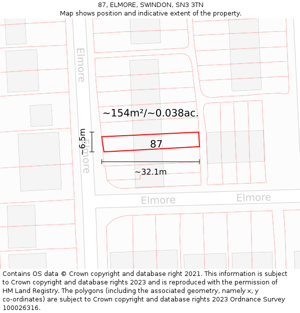 87, ELMORE, SWINDON, SN3 3TN: Plot and title map