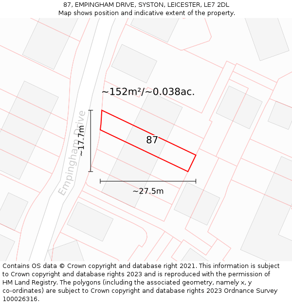 87, EMPINGHAM DRIVE, SYSTON, LEICESTER, LE7 2DL: Plot and title map
