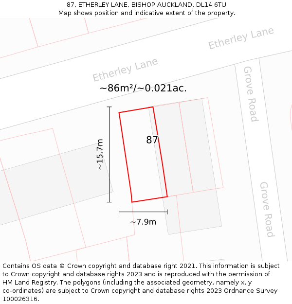 87, ETHERLEY LANE, BISHOP AUCKLAND, DL14 6TU: Plot and title map