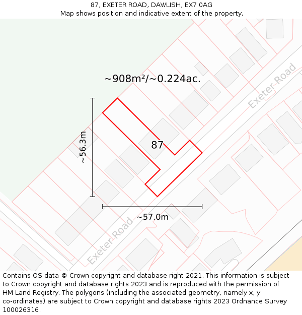 87, EXETER ROAD, DAWLISH, EX7 0AG: Plot and title map