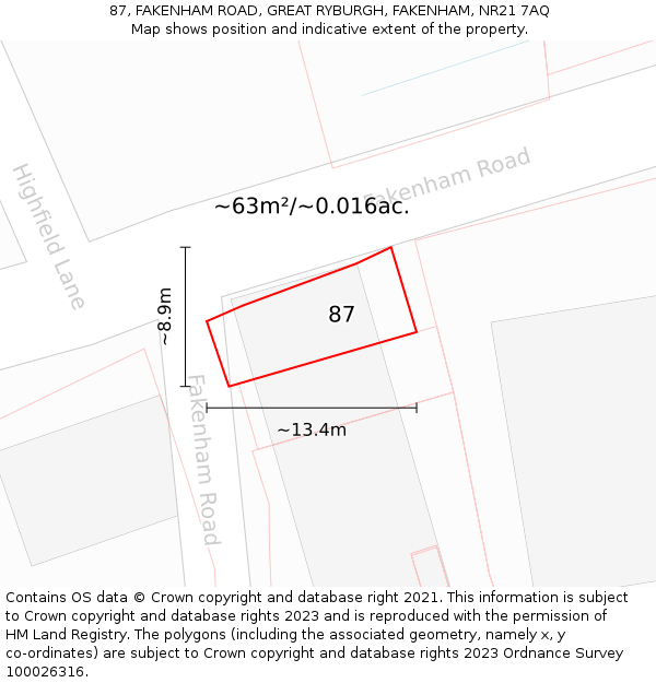 87, FAKENHAM ROAD, GREAT RYBURGH, FAKENHAM, NR21 7AQ: Plot and title map