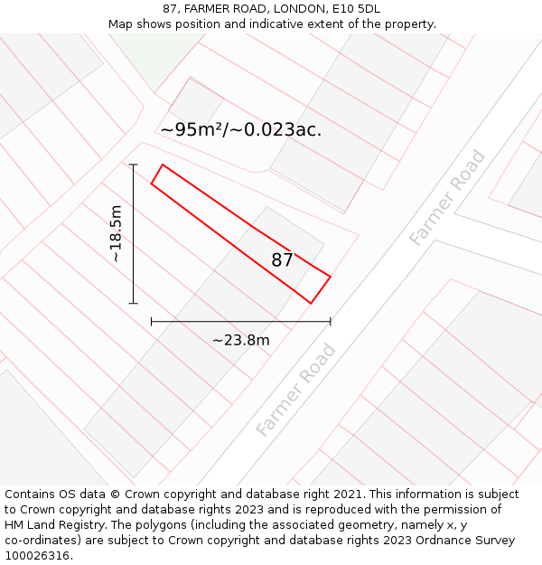 87, FARMER ROAD, LONDON, E10 5DL: Plot and title map