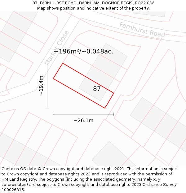 87, FARNHURST ROAD, BARNHAM, BOGNOR REGIS, PO22 0JW: Plot and title map