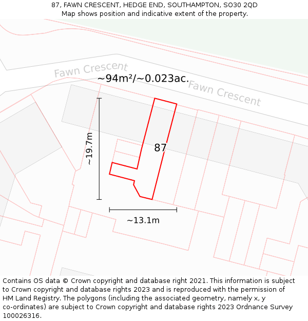 87, FAWN CRESCENT, HEDGE END, SOUTHAMPTON, SO30 2QD: Plot and title map