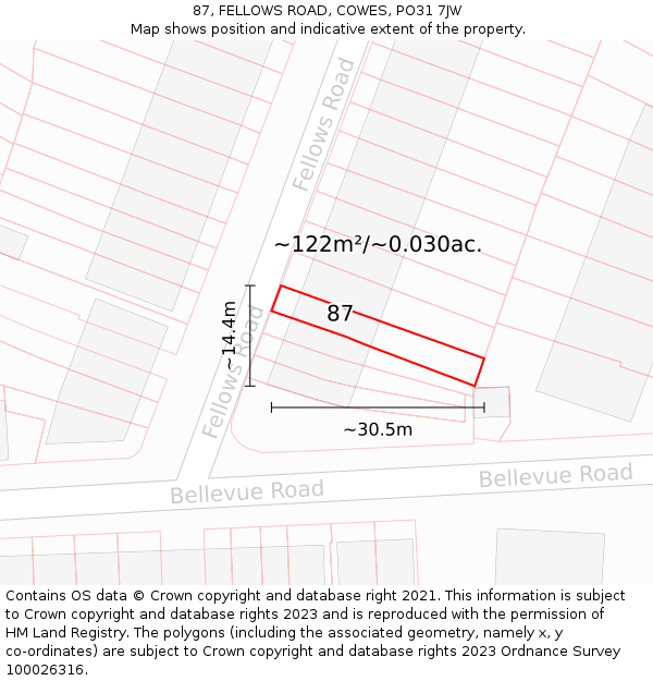 87, FELLOWS ROAD, COWES, PO31 7JW: Plot and title map