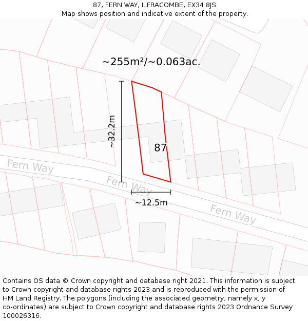 87, FERN WAY, ILFRACOMBE, EX34 8JS: Plot and title map
