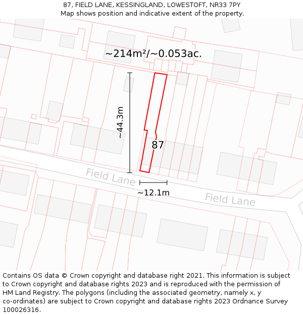 87, FIELD LANE, KESSINGLAND, LOWESTOFT, NR33 7PY: Plot and title map