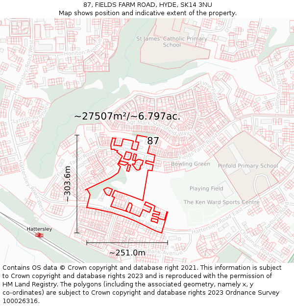 87, FIELDS FARM ROAD, HYDE, SK14 3NU: Plot and title map