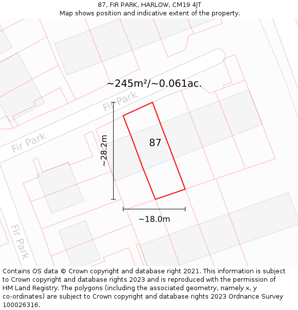 87, FIR PARK, HARLOW, CM19 4JT: Plot and title map