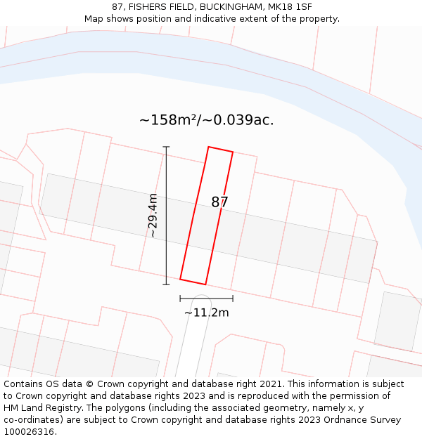 87, FISHERS FIELD, BUCKINGHAM, MK18 1SF: Plot and title map