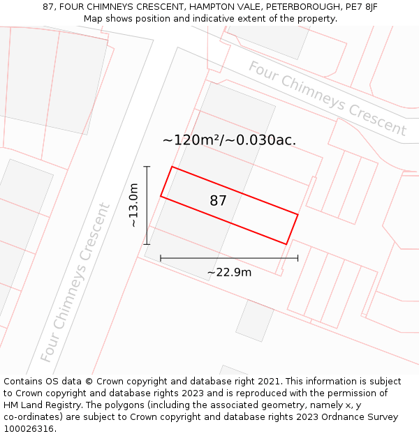 87, FOUR CHIMNEYS CRESCENT, HAMPTON VALE, PETERBOROUGH, PE7 8JF: Plot and title map
