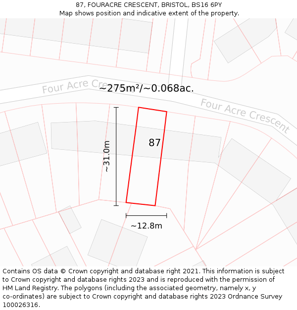 87, FOURACRE CRESCENT, BRISTOL, BS16 6PY: Plot and title map