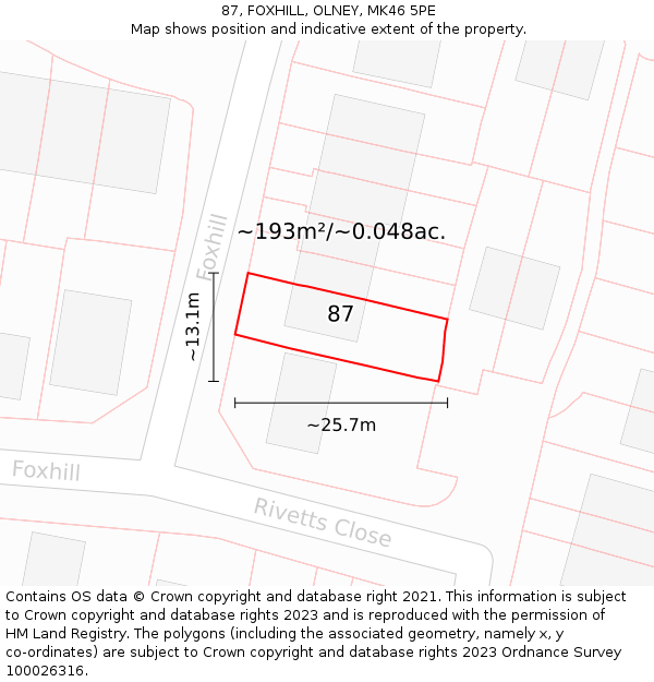 87, FOXHILL, OLNEY, MK46 5PE: Plot and title map