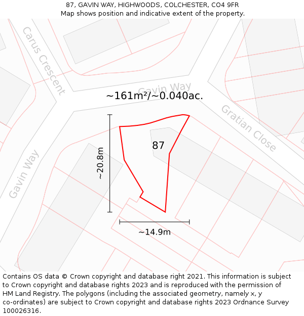 87, GAVIN WAY, HIGHWOODS, COLCHESTER, CO4 9FR: Plot and title map
