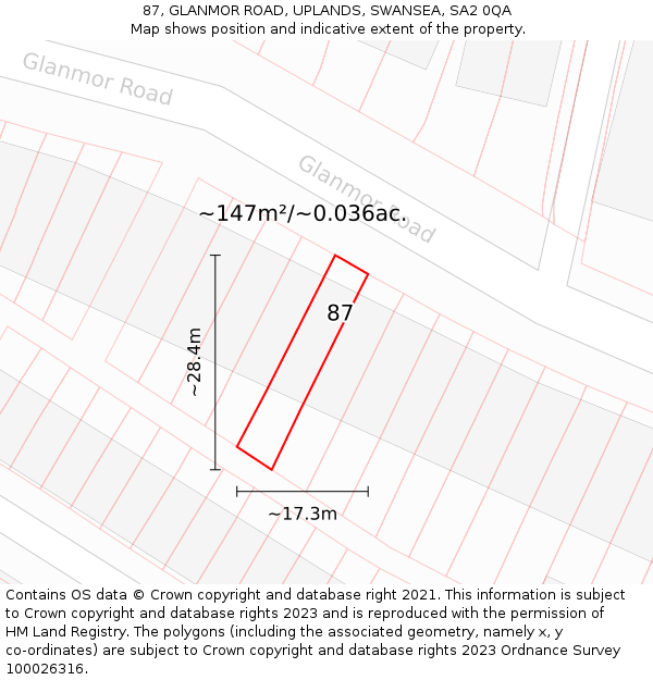 87, GLANMOR ROAD, UPLANDS, SWANSEA, SA2 0QA: Plot and title map