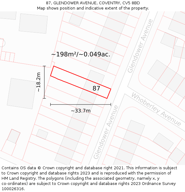 87, GLENDOWER AVENUE, COVENTRY, CV5 8BD: Plot and title map