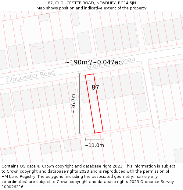 87, GLOUCESTER ROAD, NEWBURY, RG14 5JN: Plot and title map