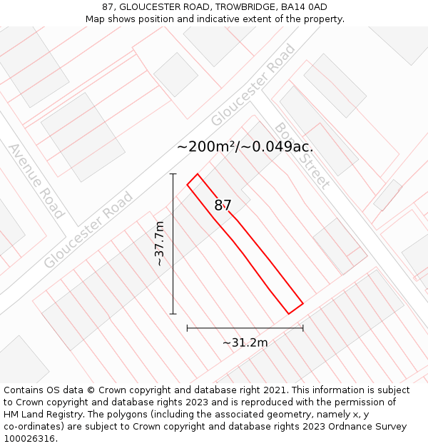 87, GLOUCESTER ROAD, TROWBRIDGE, BA14 0AD: Plot and title map