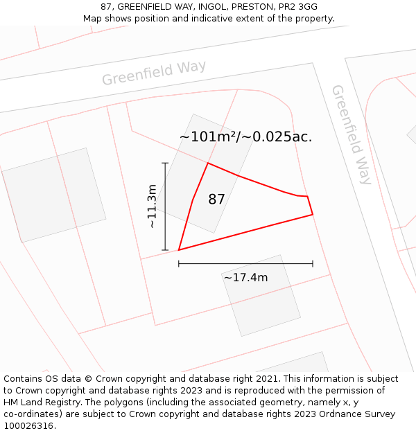 87, GREENFIELD WAY, INGOL, PRESTON, PR2 3GG: Plot and title map