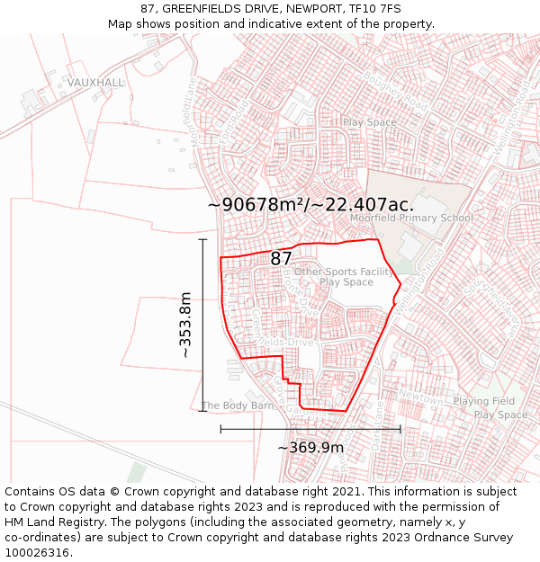 87, GREENFIELDS DRIVE, NEWPORT, TF10 7FS: Plot and title map