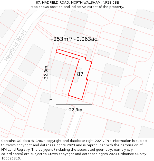 87, HADFIELD ROAD, NORTH WALSHAM, NR28 0BE: Plot and title map