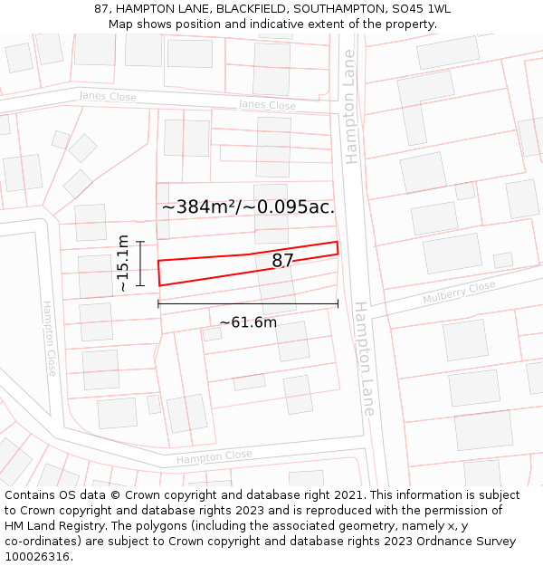 87, HAMPTON LANE, BLACKFIELD, SOUTHAMPTON, SO45 1WL: Plot and title map