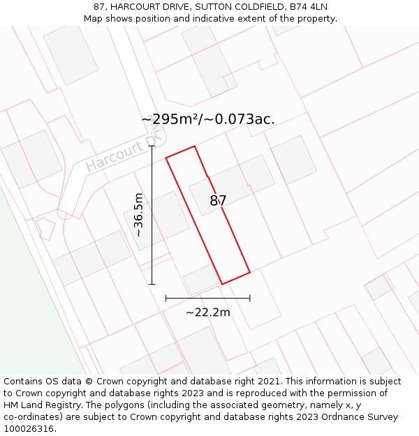 87, HARCOURT DRIVE, SUTTON COLDFIELD, B74 4LN: Plot and title map