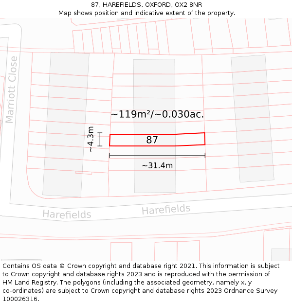 87, HAREFIELDS, OXFORD, OX2 8NR: Plot and title map