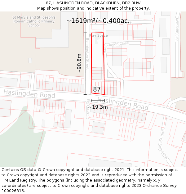 87, HASLINGDEN ROAD, BLACKBURN, BB2 3HW: Plot and title map