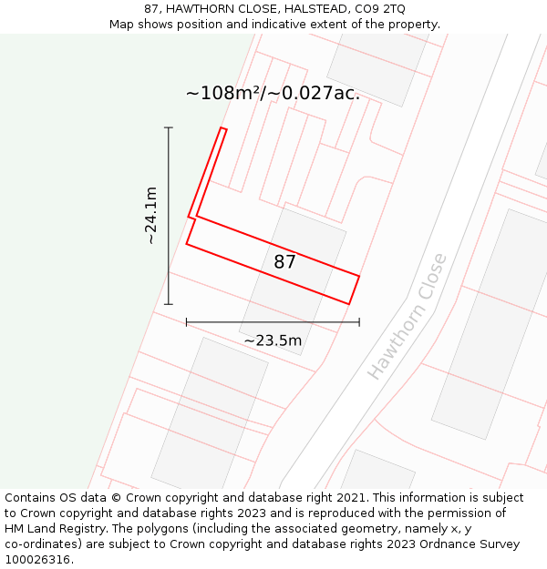 87, HAWTHORN CLOSE, HALSTEAD, CO9 2TQ: Plot and title map