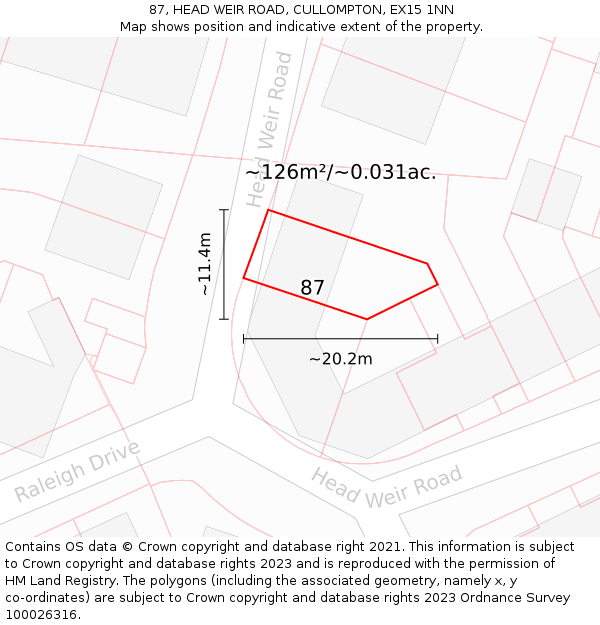 87, HEAD WEIR ROAD, CULLOMPTON, EX15 1NN: Plot and title map