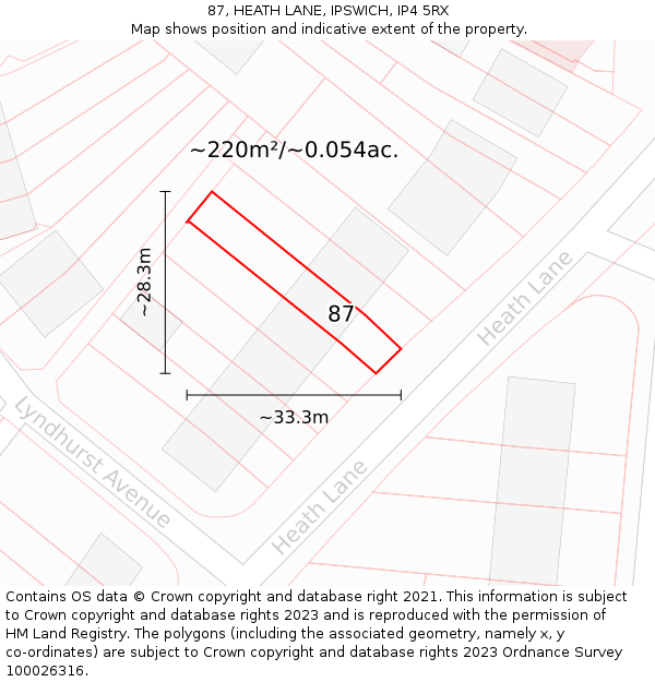 87, HEATH LANE, IPSWICH, IP4 5RX: Plot and title map