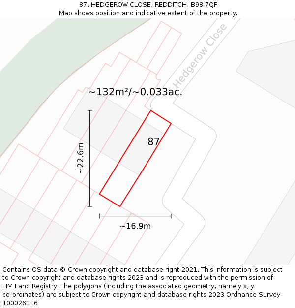 87, HEDGEROW CLOSE, REDDITCH, B98 7QF: Plot and title map