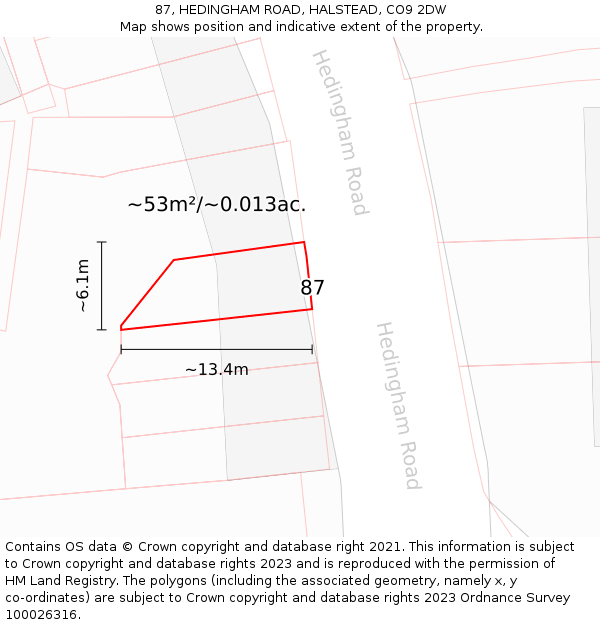 87, HEDINGHAM ROAD, HALSTEAD, CO9 2DW: Plot and title map