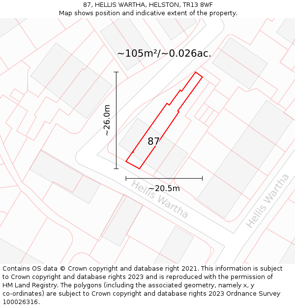 87, HELLIS WARTHA, HELSTON, TR13 8WF: Plot and title map