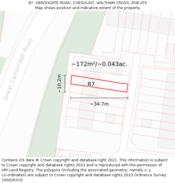 87, HERONGATE ROAD, CHESHUNT, WALTHAM CROSS, EN8 0TX: Plot and title map