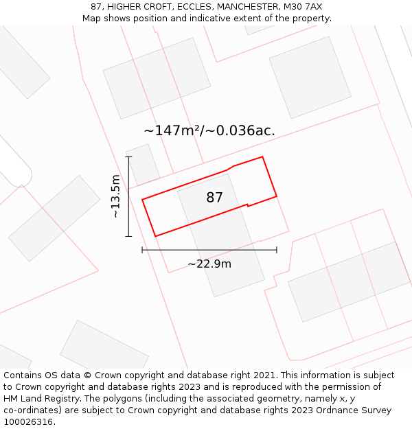 87, HIGHER CROFT, ECCLES, MANCHESTER, M30 7AX: Plot and title map